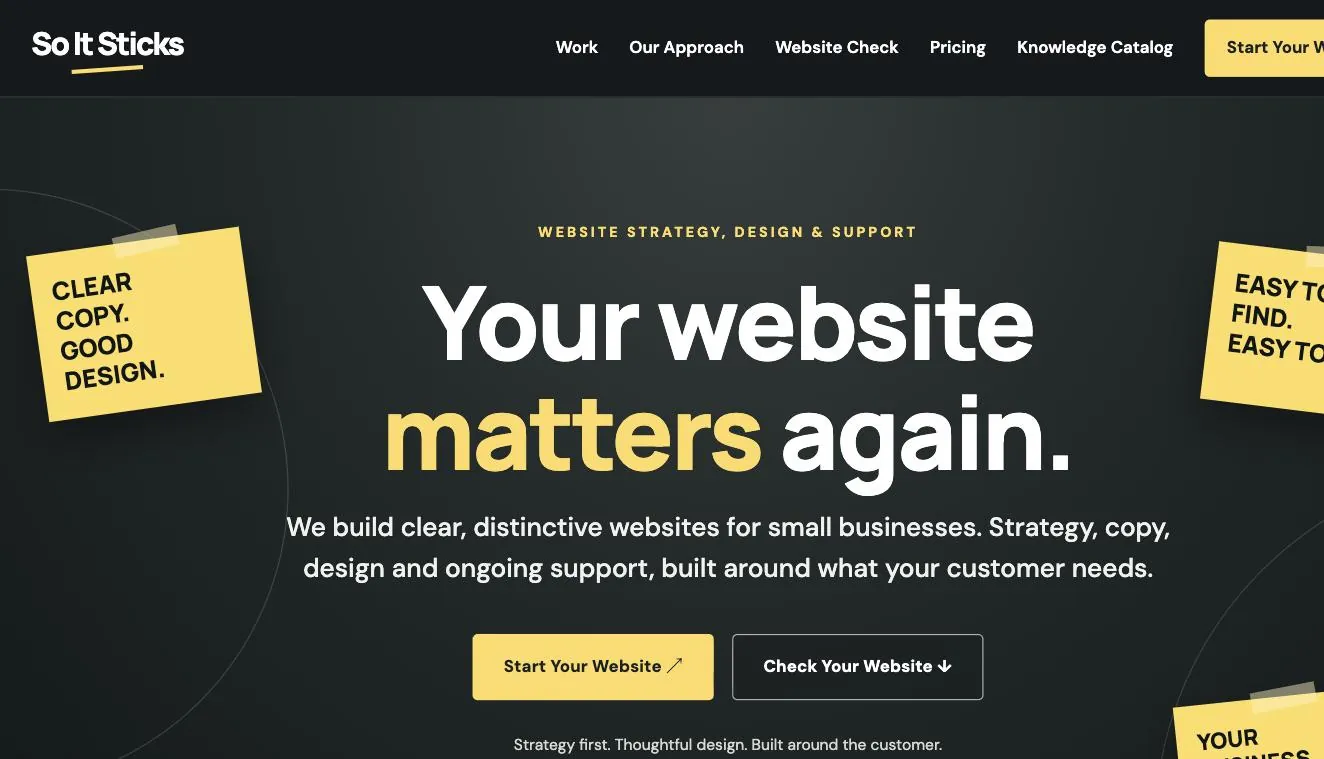 The So It Sticks website homepage.