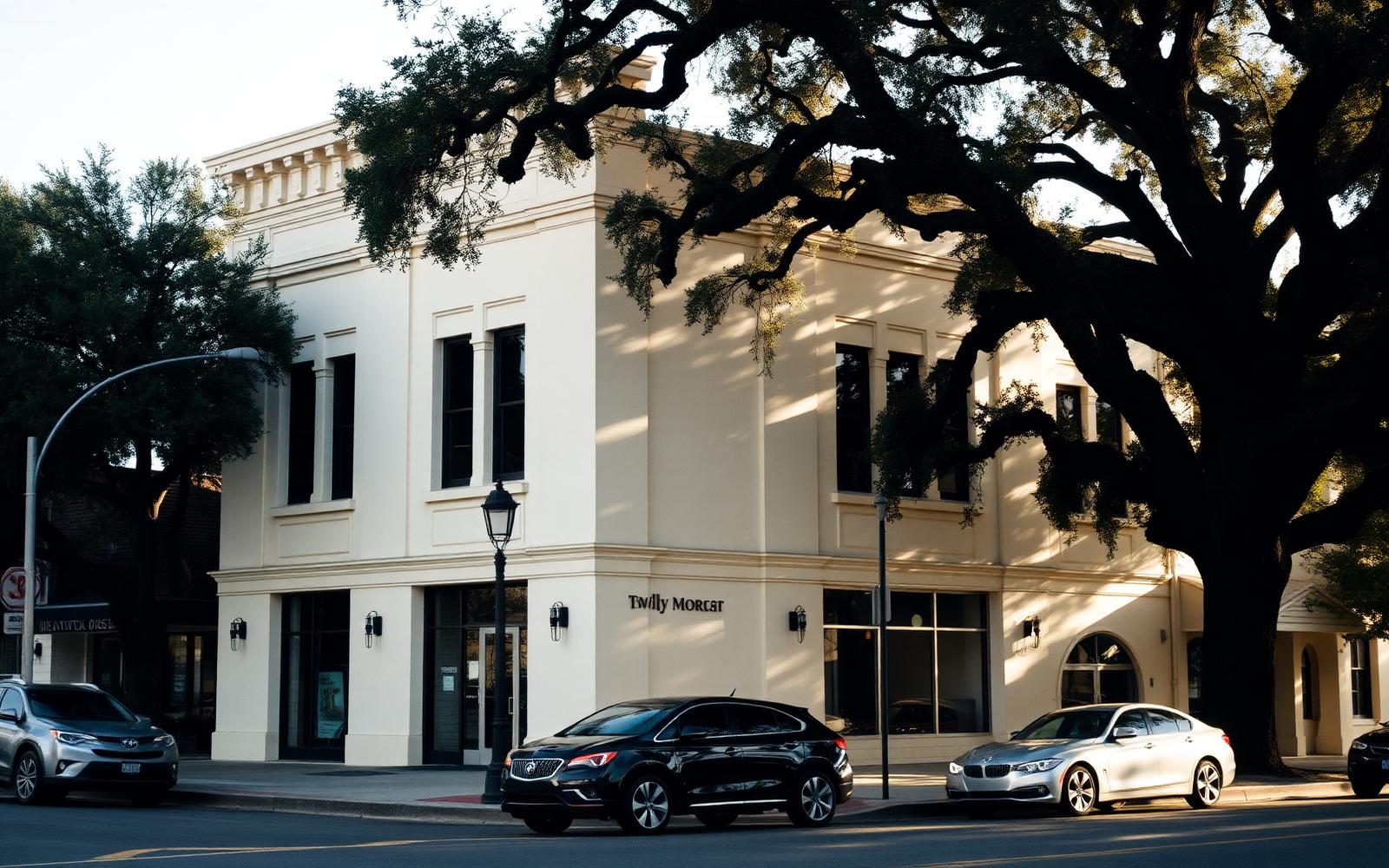 A commercial building in central Florida framed by mature oaks in late afternoon light.